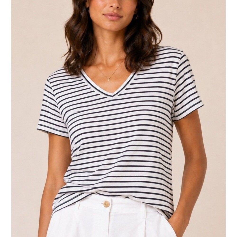 Petit Bateau Striped Short-S V-Neck T-shirt Women Sz M White N Black Breton EUC